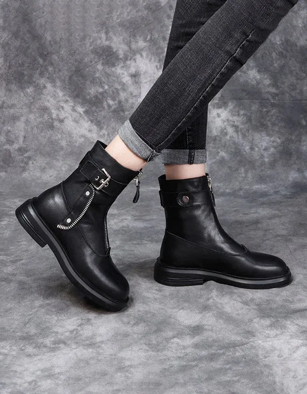 Autumn Winter Leather Zipper Punk Boots Black