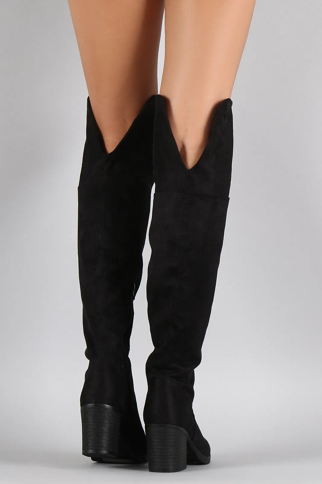 Bamboo Suede Folded Cuff Chunky Heeled Riding Boots