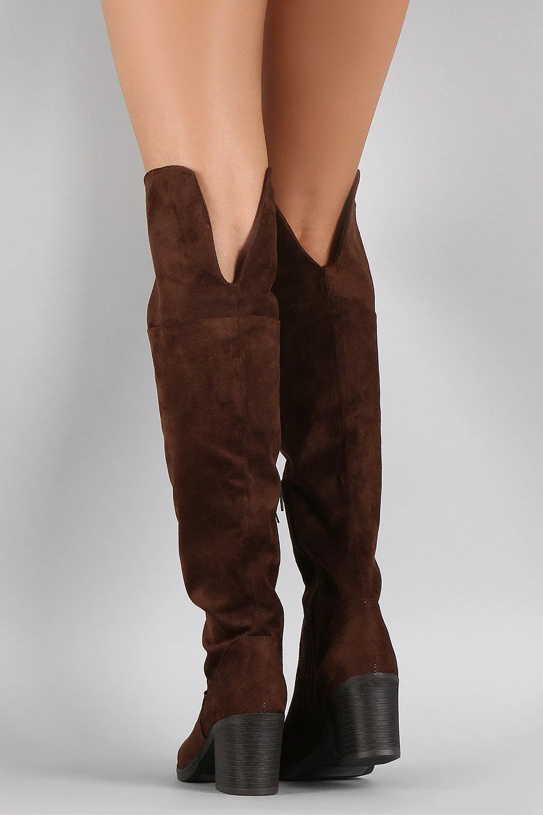 Bamboo Suede Folded Cuff Chunky Heeled Riding Boots