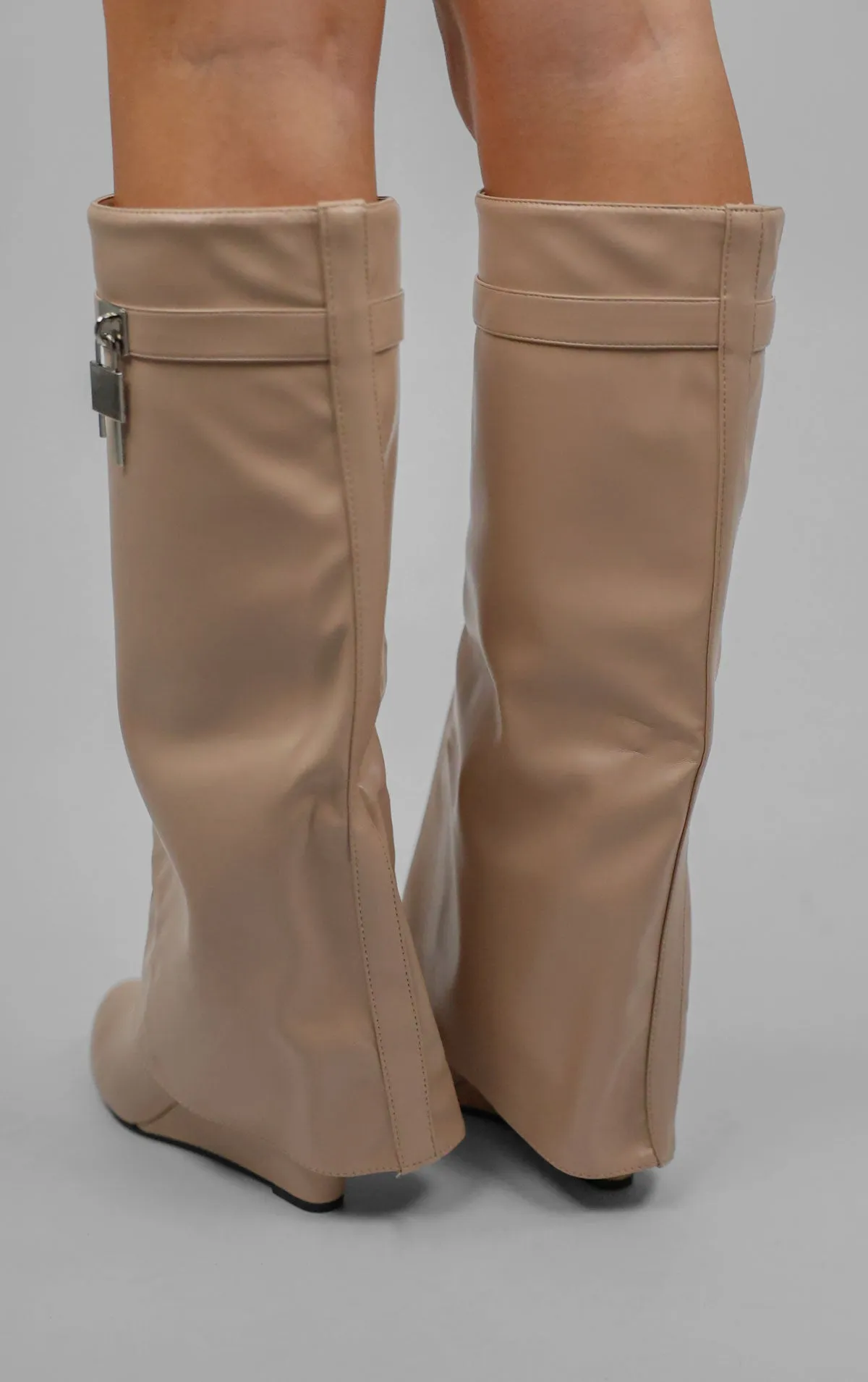 Beige PU Padlock Knee High Fold Over Shark Boots