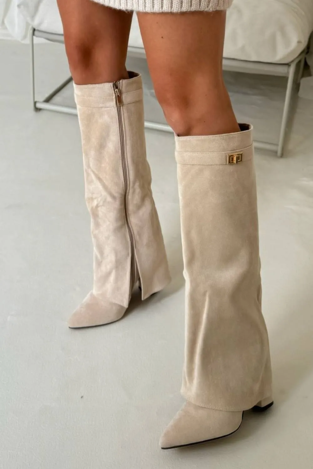 BEIGE SUEDE FOLD OVER BUCKLE DETAIL BLOCK HEEL KNEE HIGH BOOTS