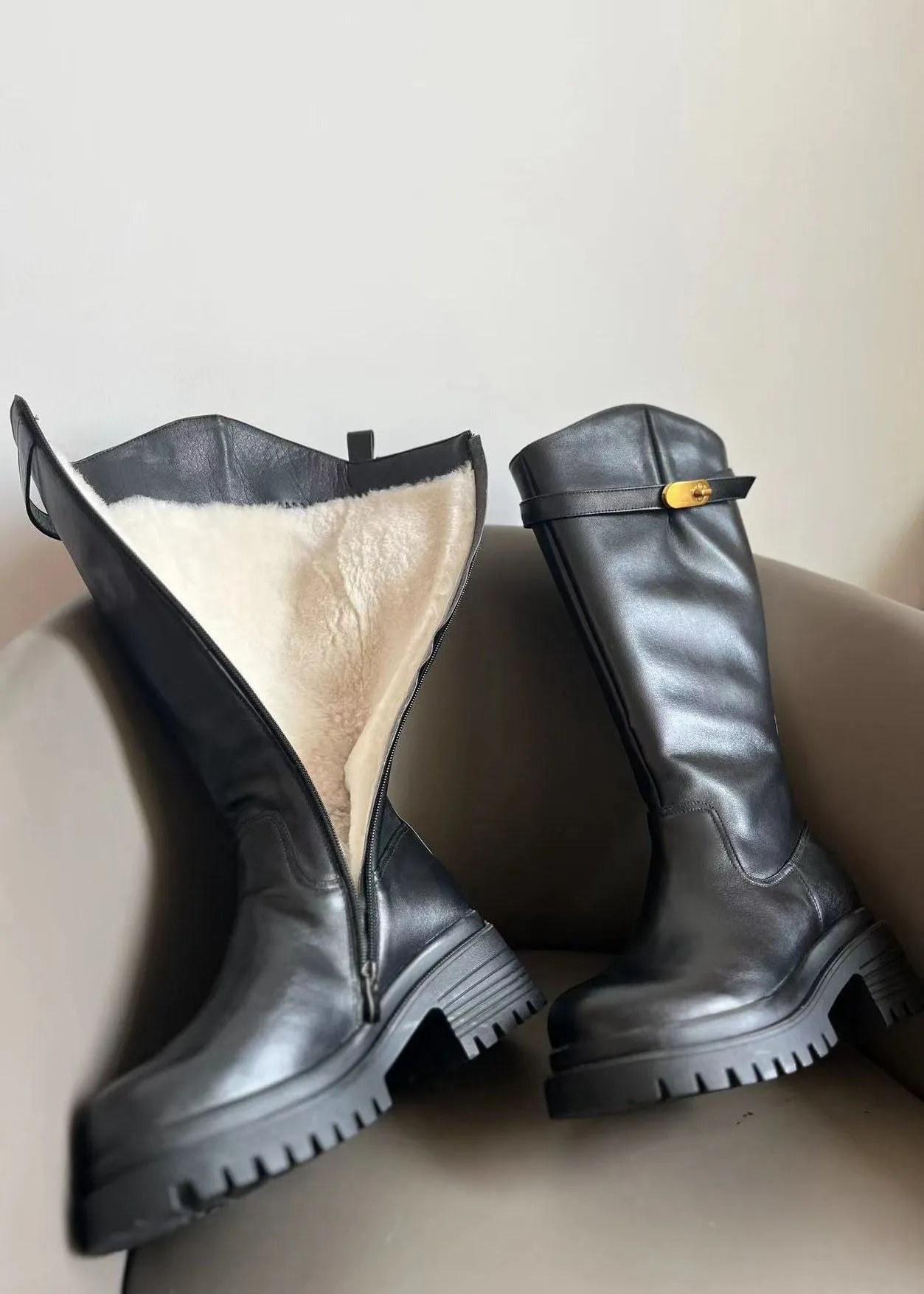 Belted Lug Sole Genuine Leather Wool Fur Lining Long Boots