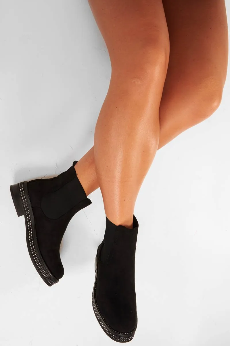 Black Faux Suede Diamante Trim Chunky Boots - Seanna