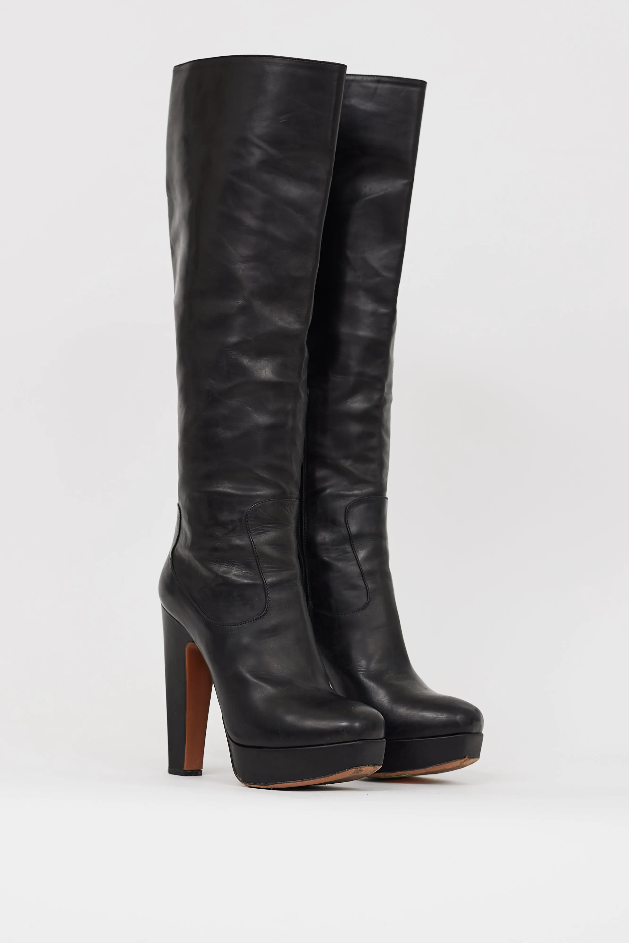 Black Leather Knee High Platform Boot