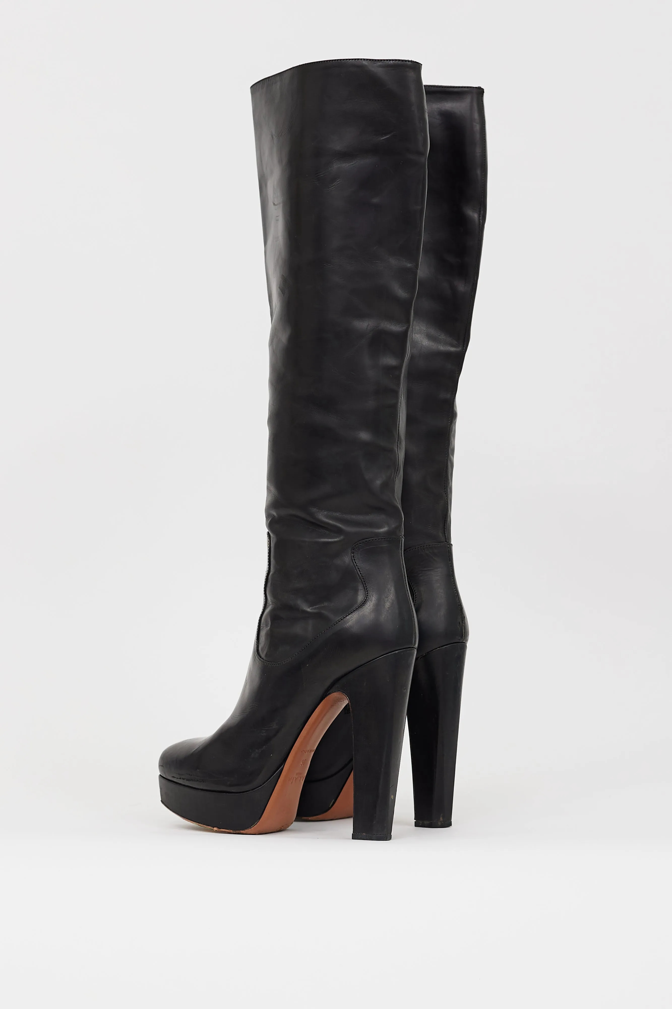 Black Leather Knee High Platform Boot