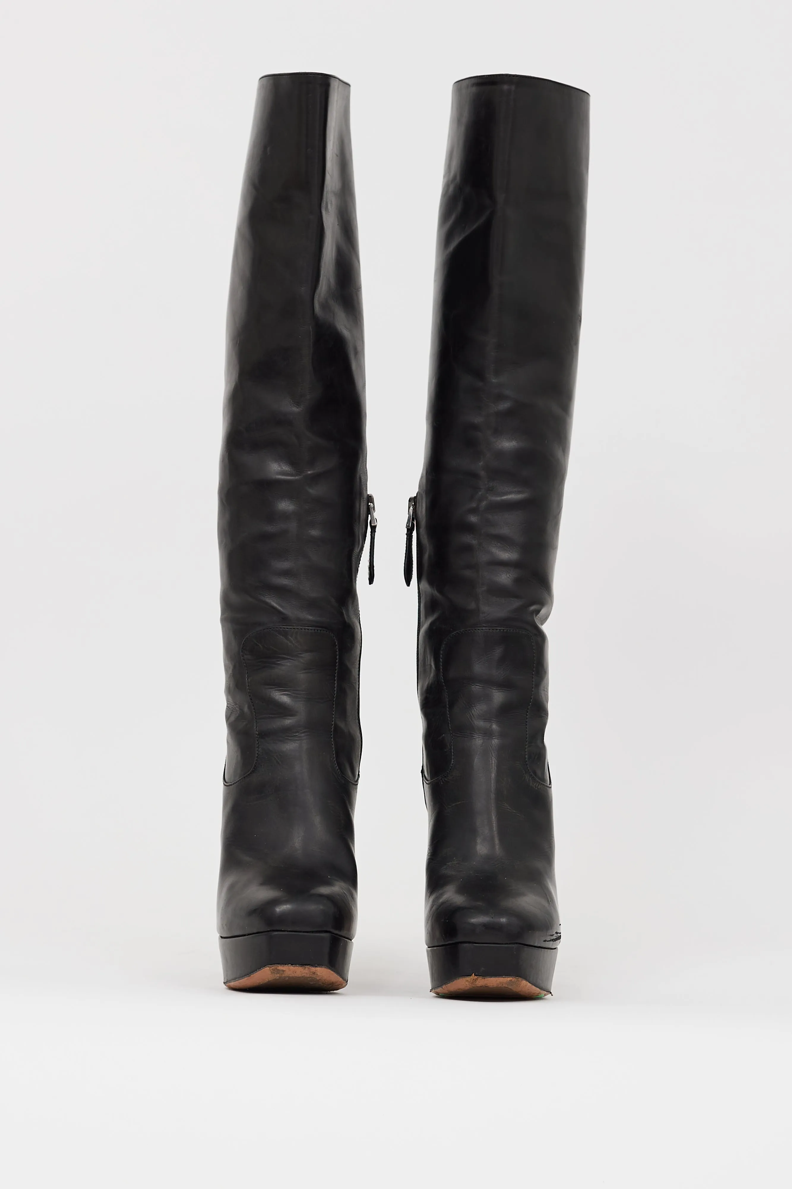 Black Leather Knee High Platform Boot