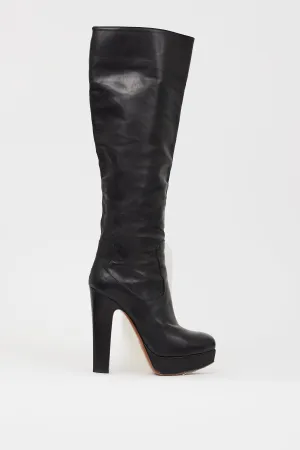 Black Leather Knee High Platform Boot