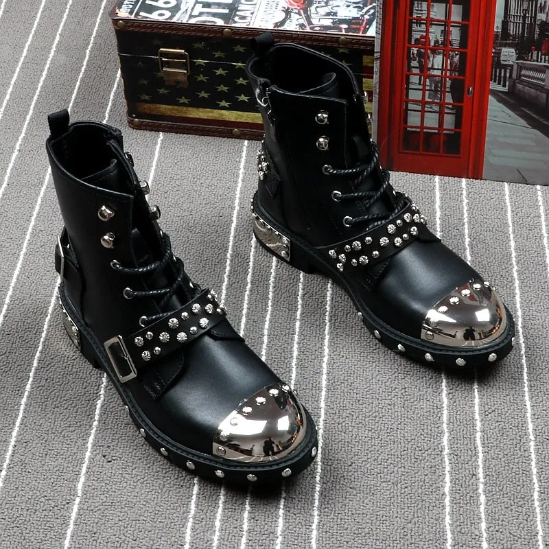 Black Rivets Punk Metal Toe Style Men Boots