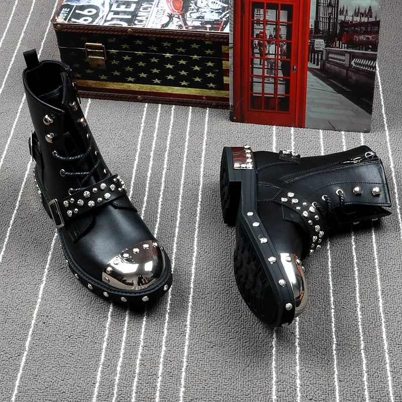 Black Rivets Punk Metal Toe Style Men Boots