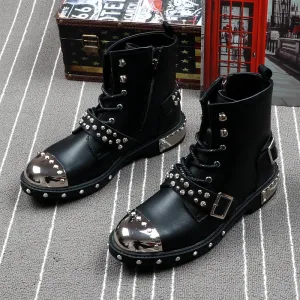 Black Rivets Punk Metal Toe Style Men Boots