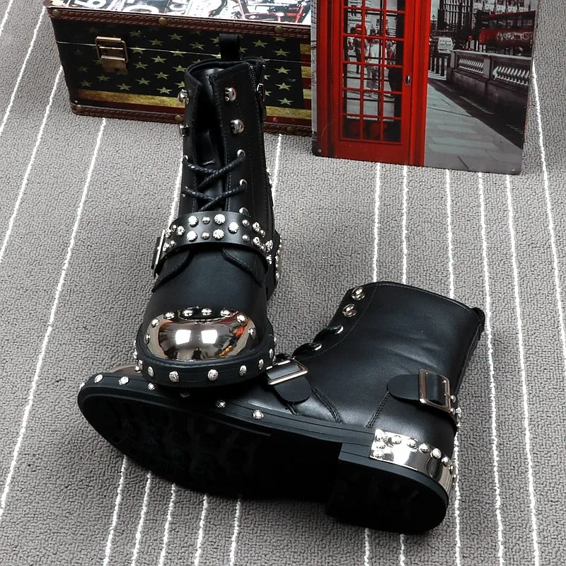 Black Rivets Punk Metal Toe Style Men Boots