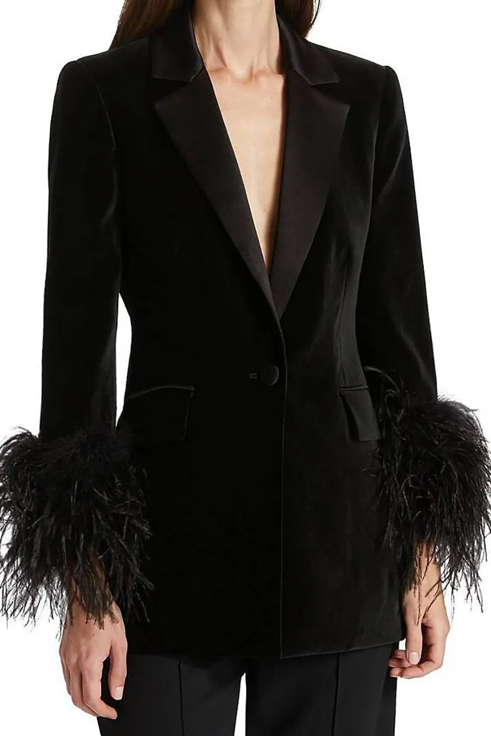 Black Velvet Peak Lapel Women Coat with Feathers