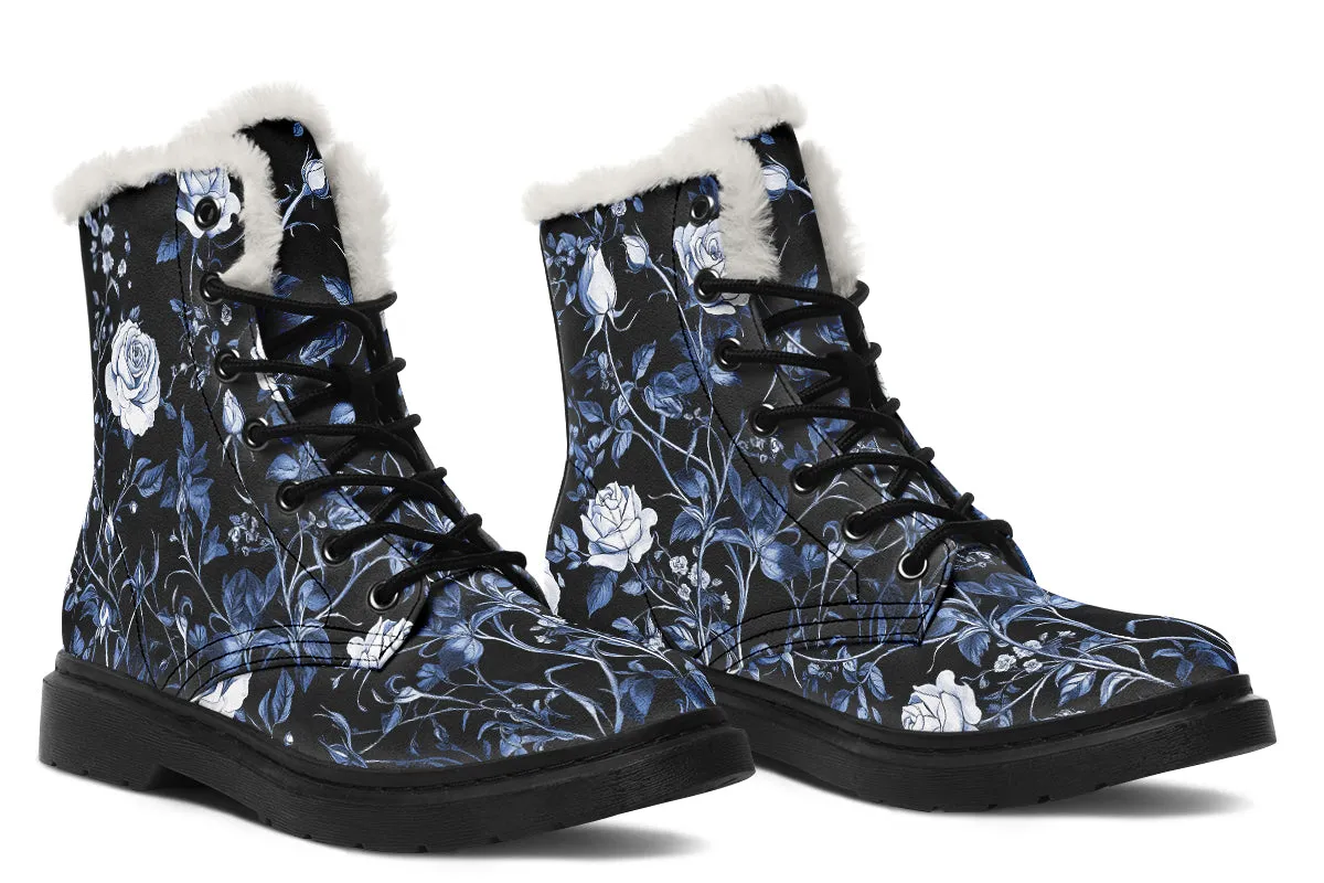 Blue Rose Romance Winter Boots - Warm Micro-Suede Doc-Style Boots Lined with Vegan Wool