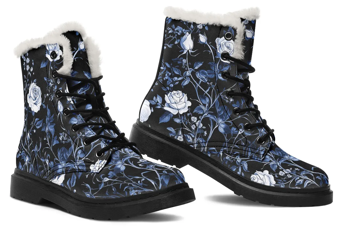 Blue Rose Romance Winter Boots - Warm Micro-Suede Doc-Style Boots Lined with Vegan Wool