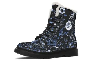 Blue Rose Romance Winter Boots - Warm Micro-Suede Doc-Style Boots Lined with Vegan Wool