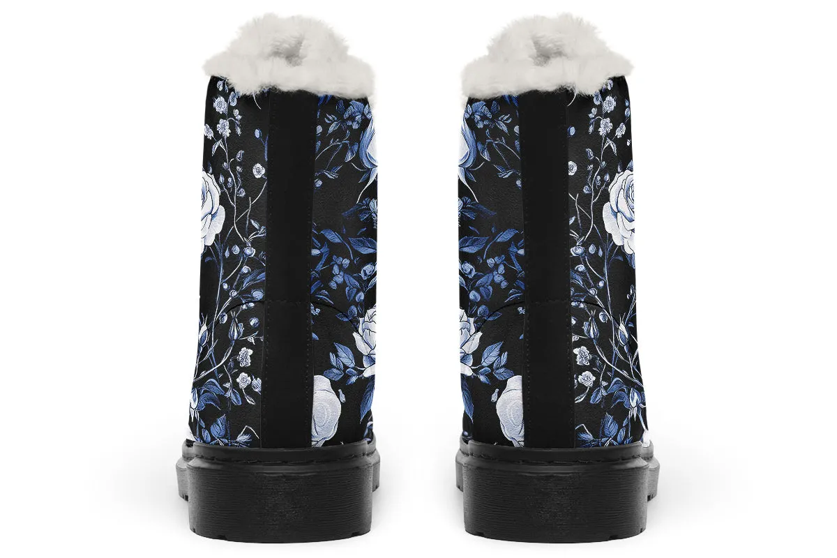 Blue Rose Romance Winter Boots - Warm Micro-Suede Doc-Style Boots Lined with Vegan Wool