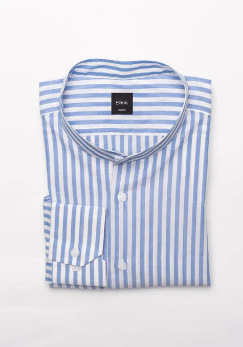 Blueish Grey Cotton Linen Stripes Shirt - Band Collar