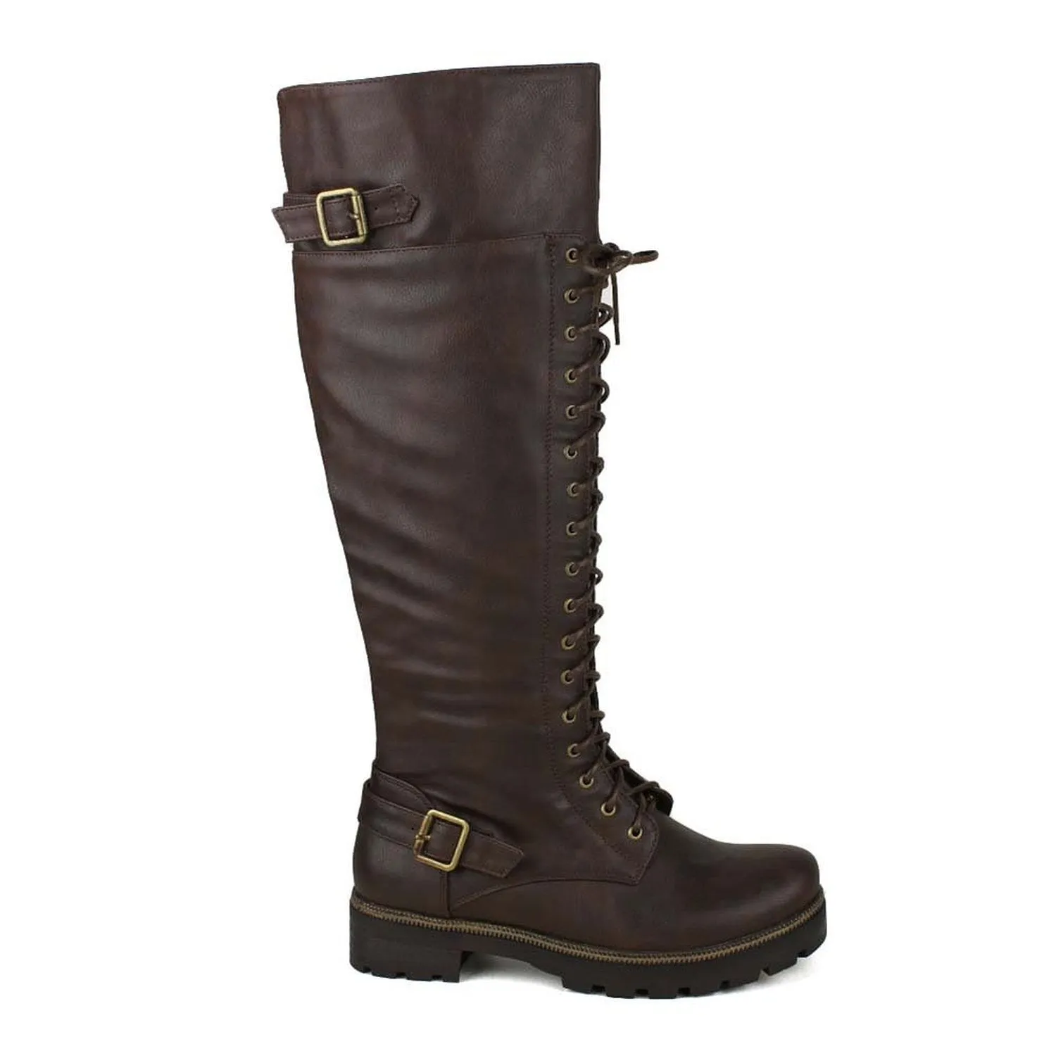 Brown Buckled Combat Lace Up Lug Sole Knee High Vegan Leather Boots