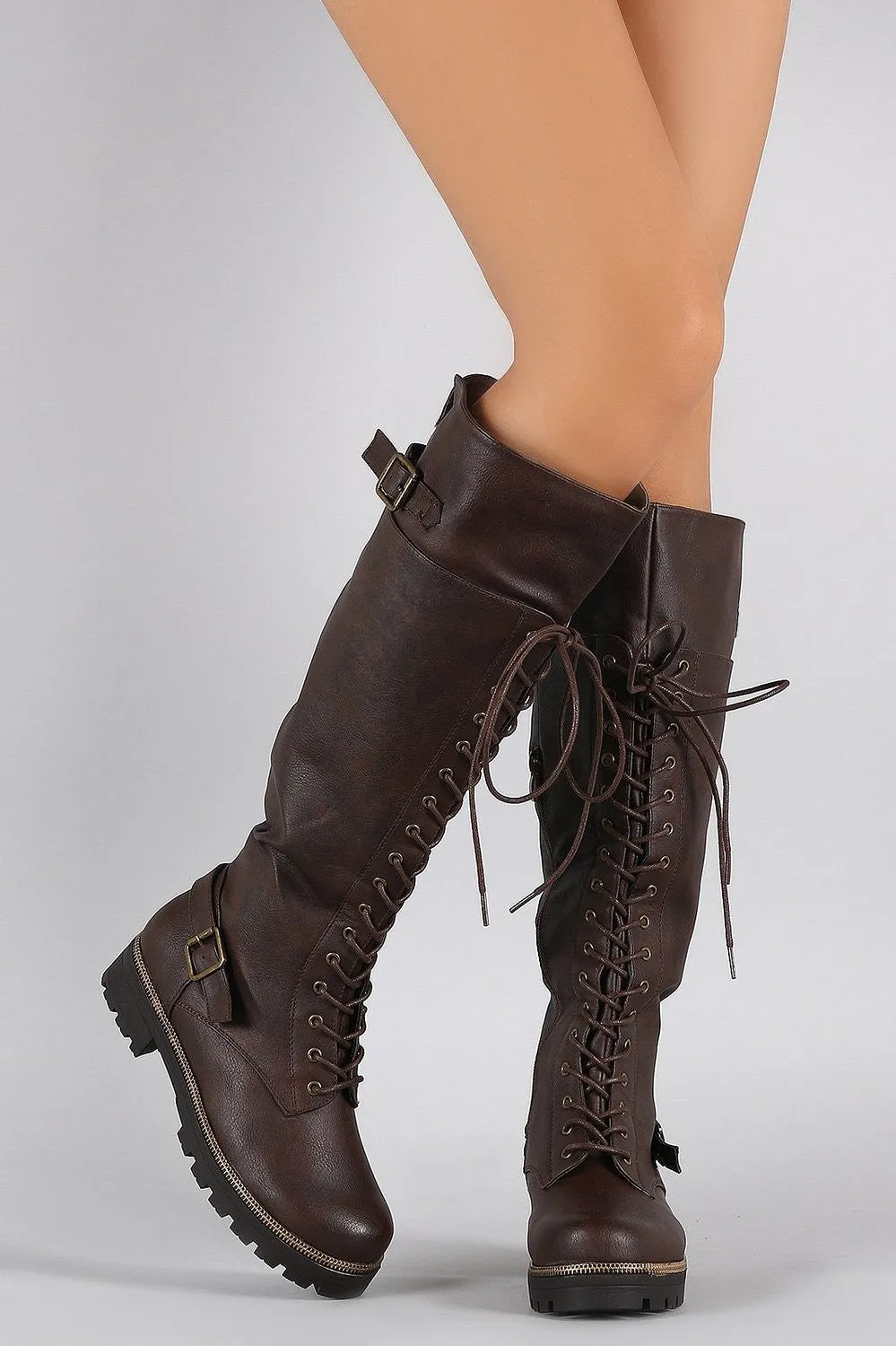 Brown Buckled Combat Lace Up Lug Sole Knee High Vegan Leather Boots