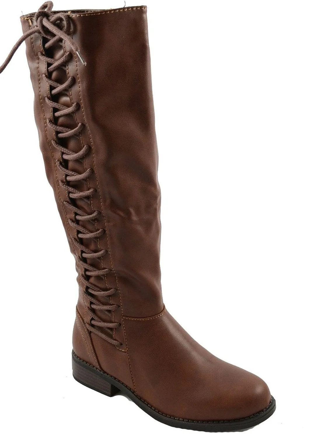 Brown Corset Lace Up Riding Knee High Vegan Leather Boots