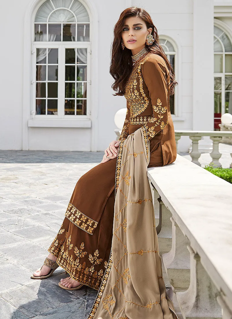 Brown Golden Embroidered Palazzo Suit