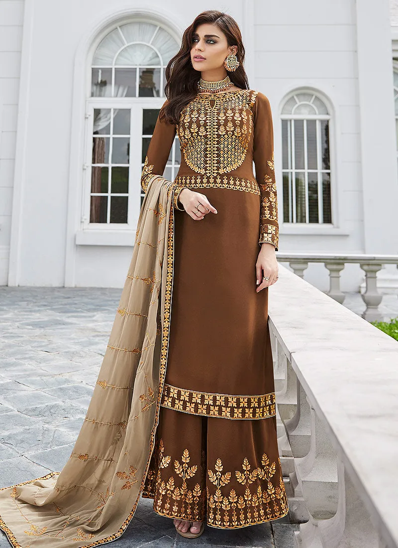 Brown Golden Embroidered Palazzo Suit