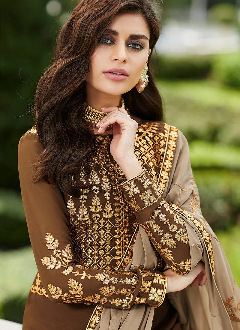 Brown Golden Embroidered Palazzo Suit