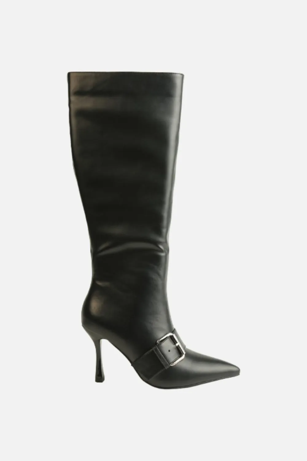 Buckle Detail Stiletto Heel Pointed Toe Knee High Boots