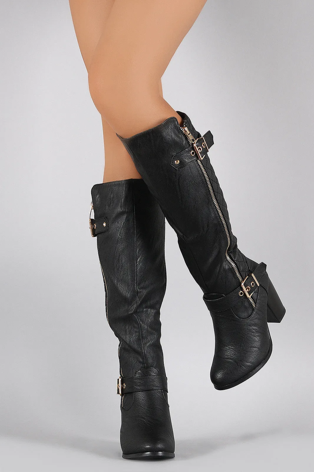 Buckled Quilted Zip Up Round Toe Heeled Knee High Boots