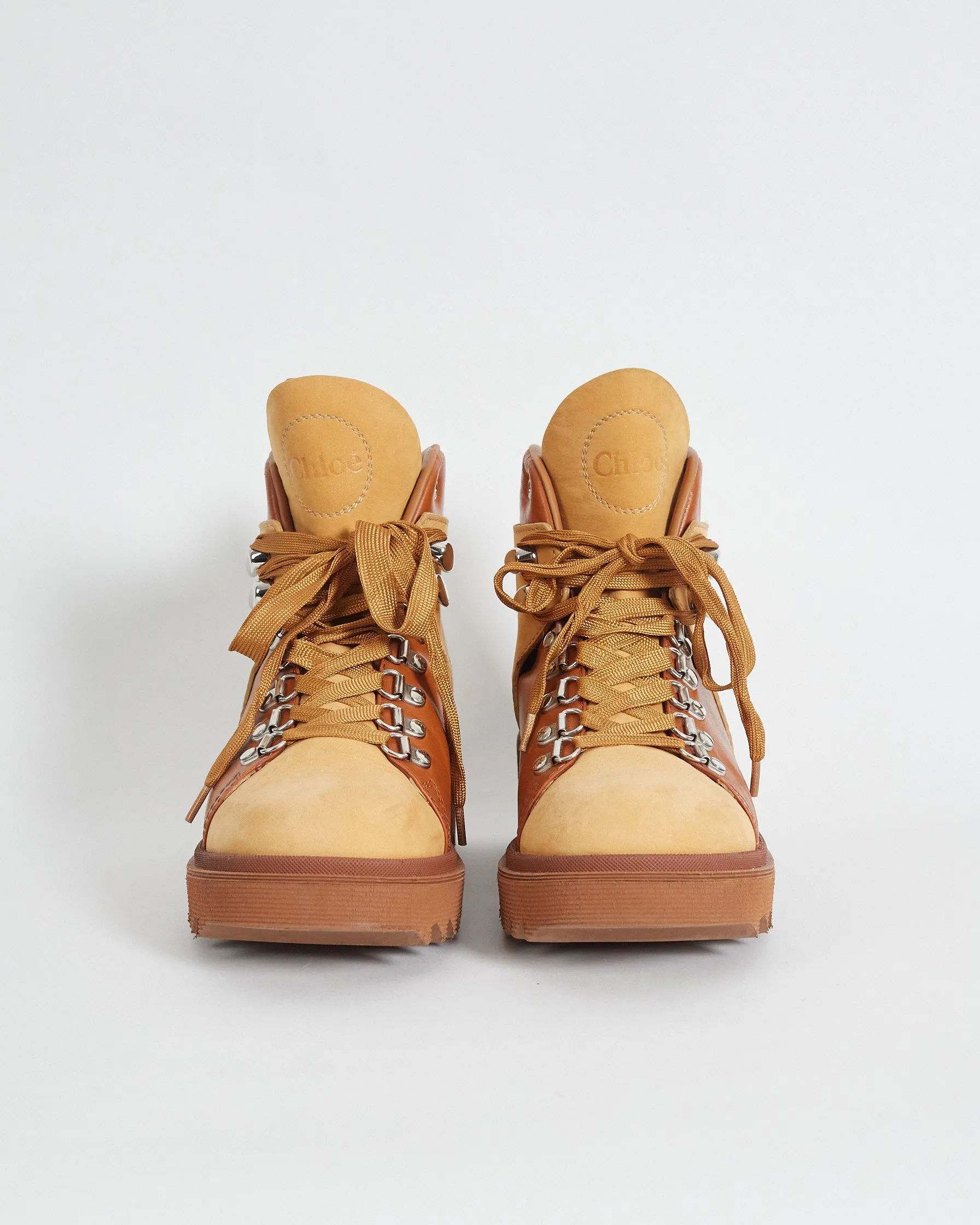 Chloé 'bella' lug sole lace up hiking boots, tan, 39