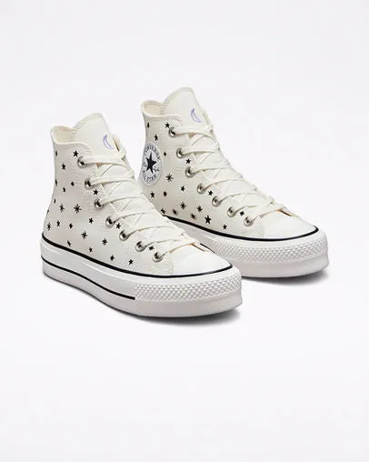 Converse sneakers alta in canvas con zeppa Chuck Taylor All Star Lift Platform Embroidered Stars A03724C egret-black