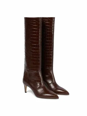 Croc-effect brown leather knee-high boots