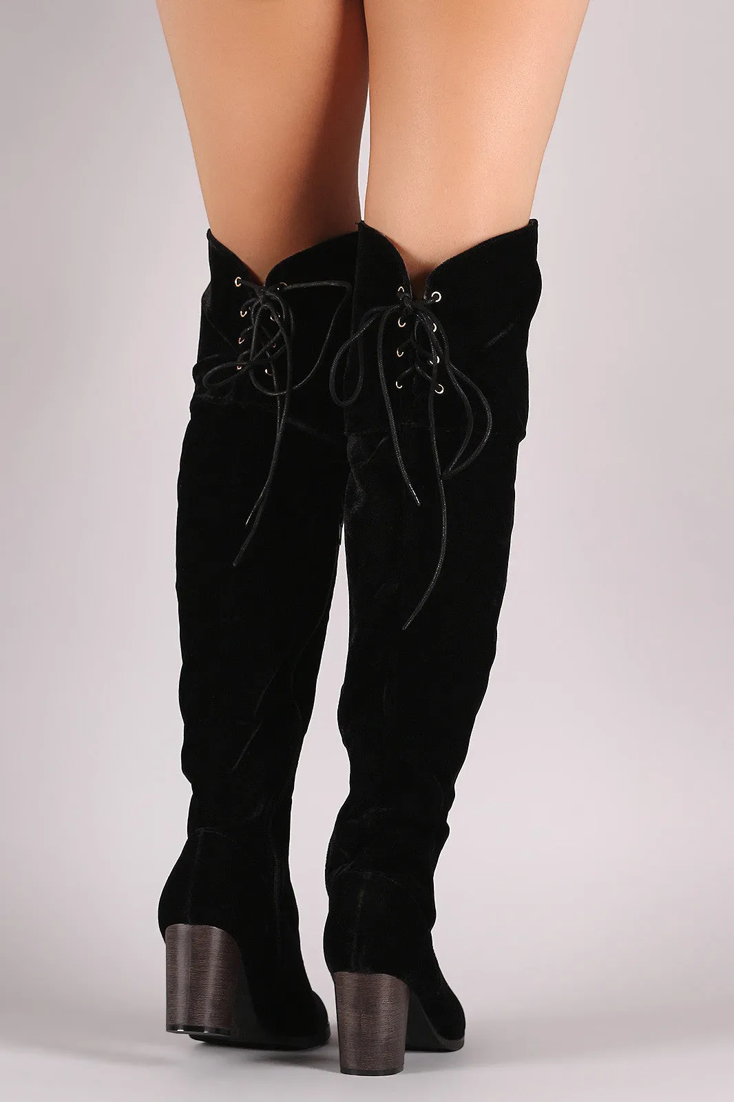 Crushed Velvet Back Lace-Up Chunky Heeled Over-The-Knee Boots