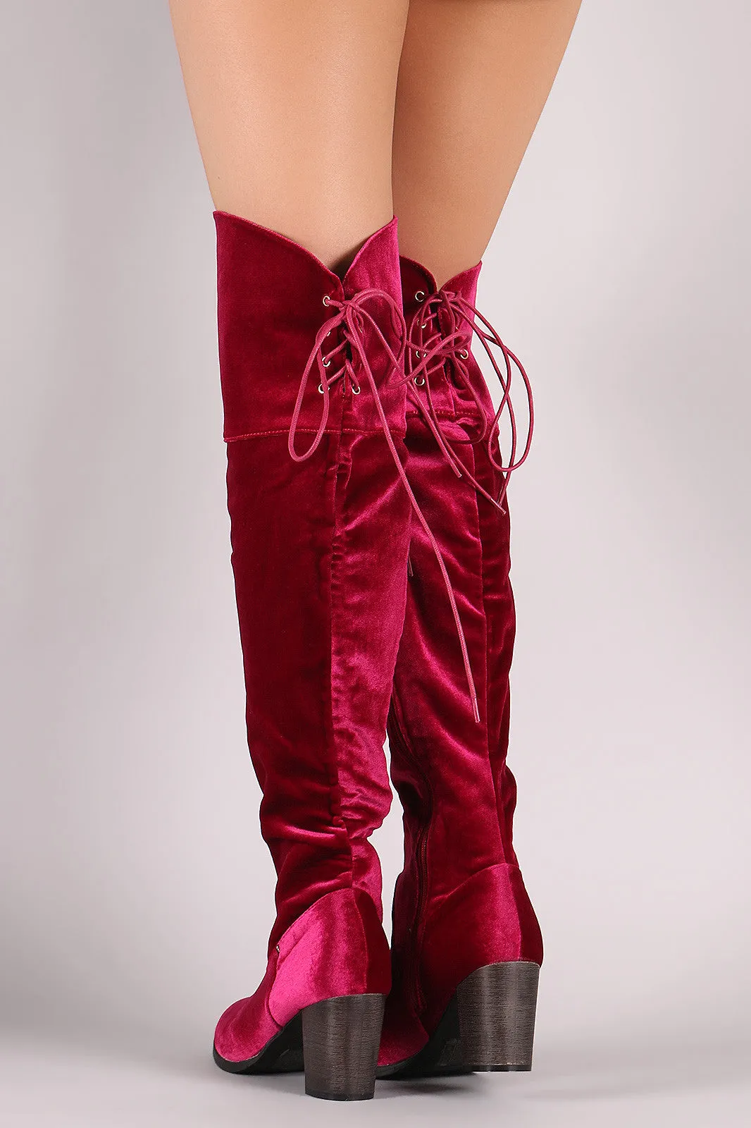 Crushed Velvet Back Lace-Up Chunky Heeled Over-The-Knee Boots