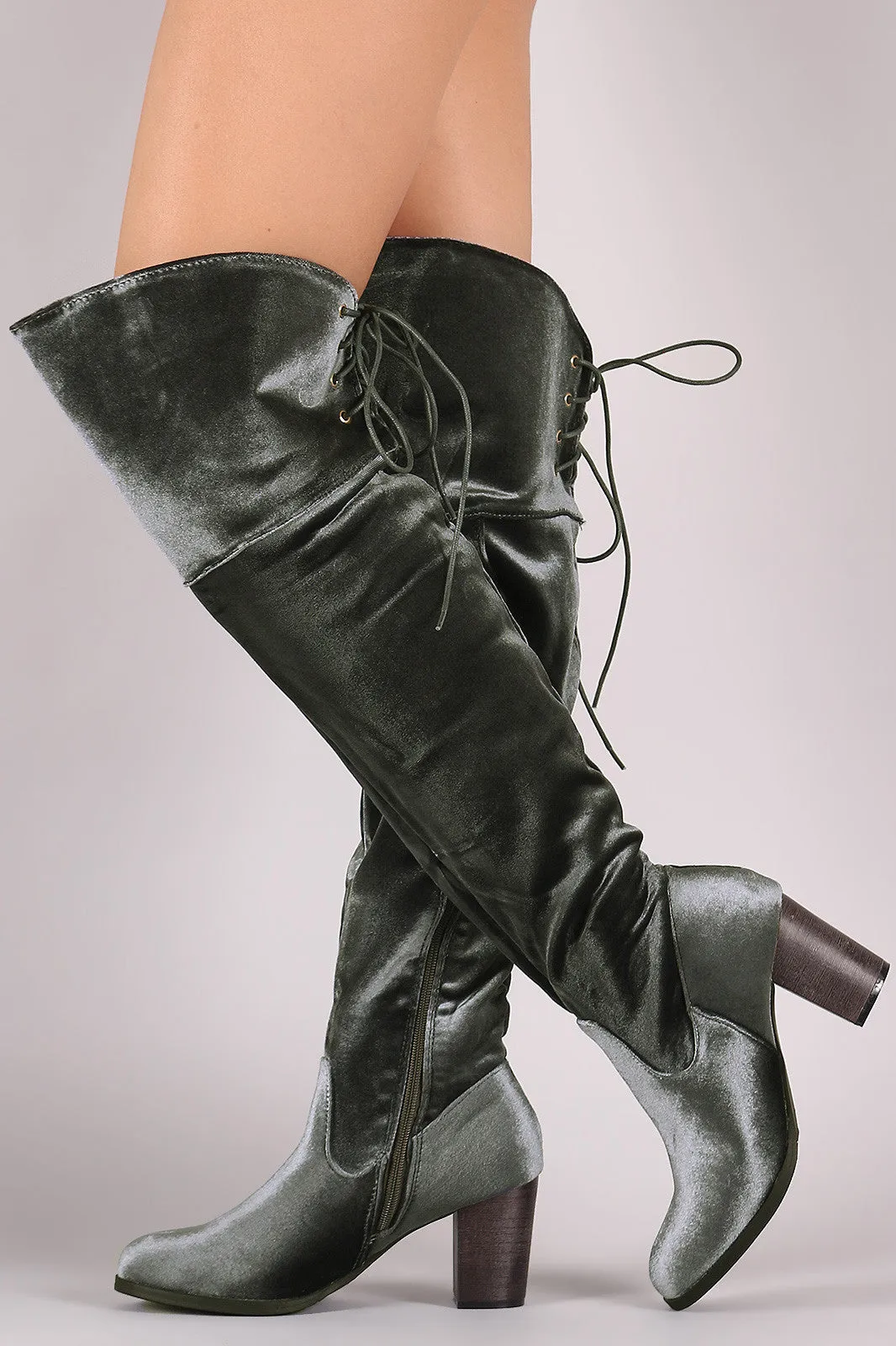 Crushed Velvet Back Lace-Up Chunky Heeled Over-The-Knee Boots