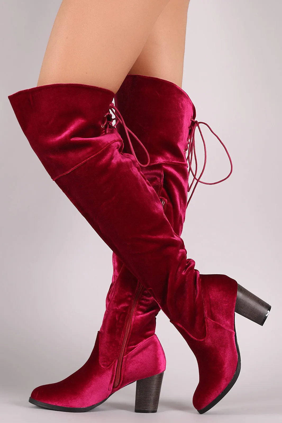 Crushed Velvet Back Lace-Up Chunky Heeled Over-The-Knee Boots