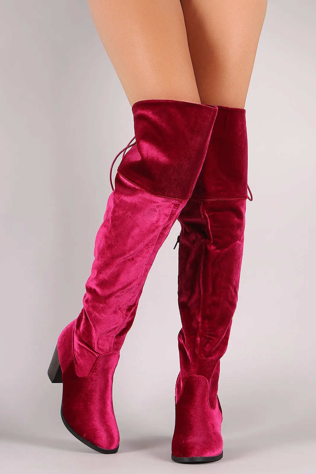 Crushed Velvet Back Lace-Up Chunky Heeled Over-The-Knee Boots