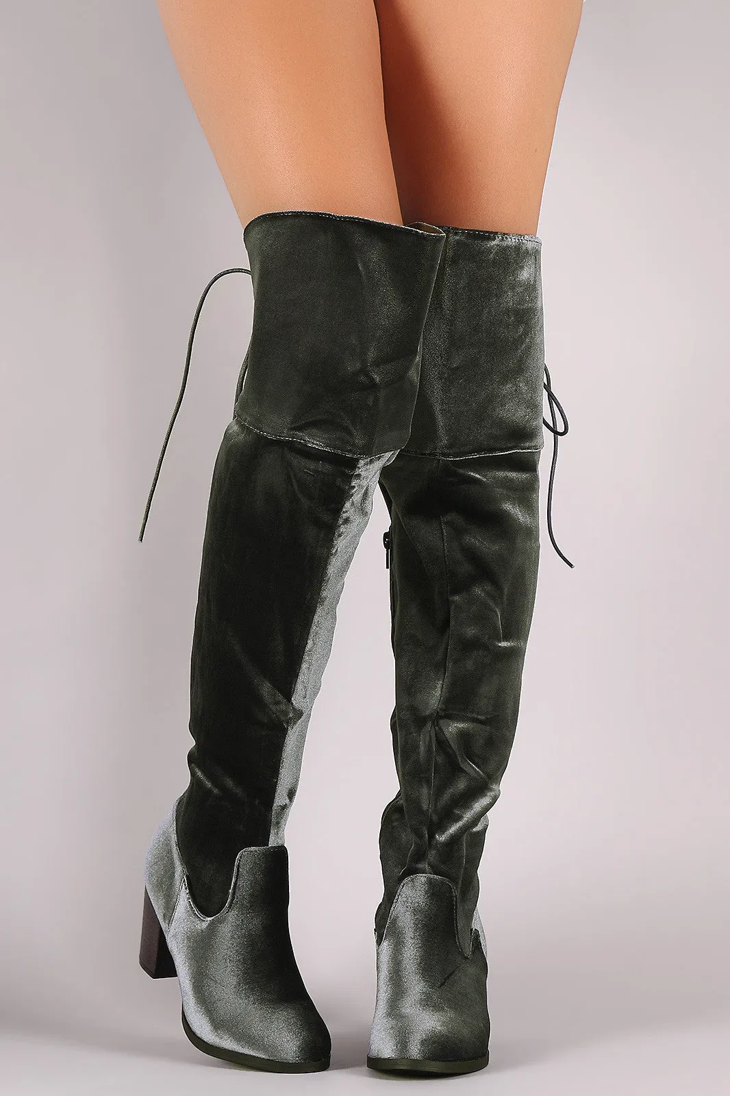 Crushed Velvet Back Lace-Up Chunky Heeled Over-The-Knee Boots