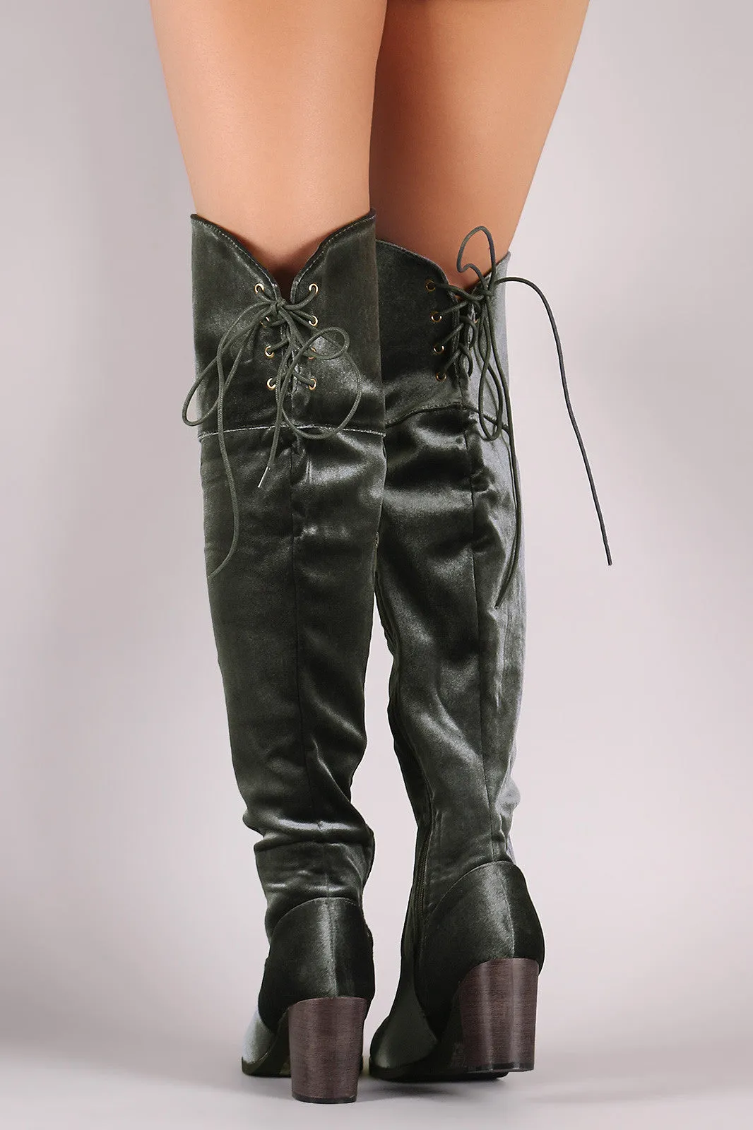 Crushed Velvet Back Lace-Up Chunky Heeled Over-The-Knee Boots