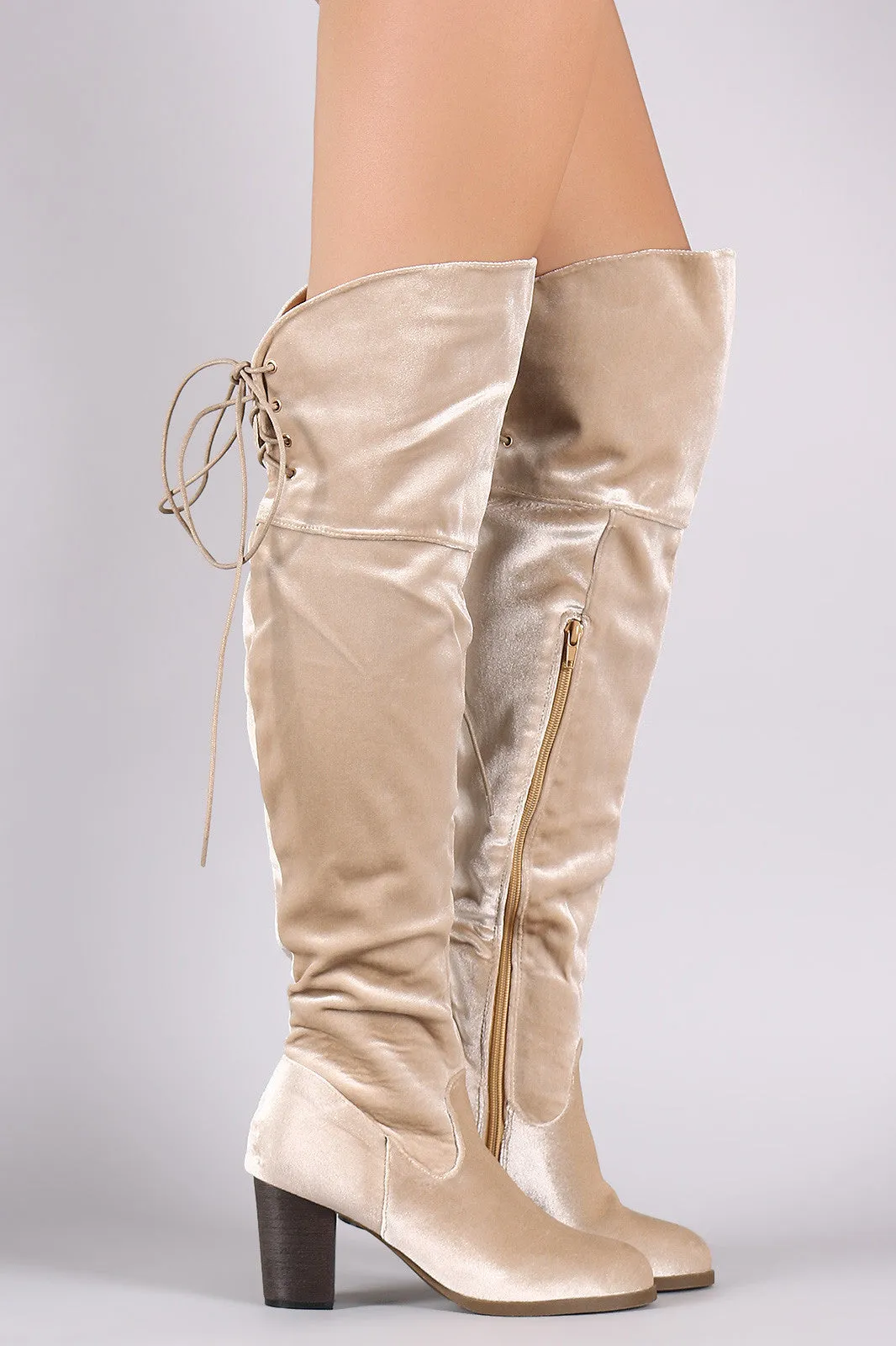 Crushed Velvet Back Lace-Up Chunky Heeled Over-The-Knee Boots