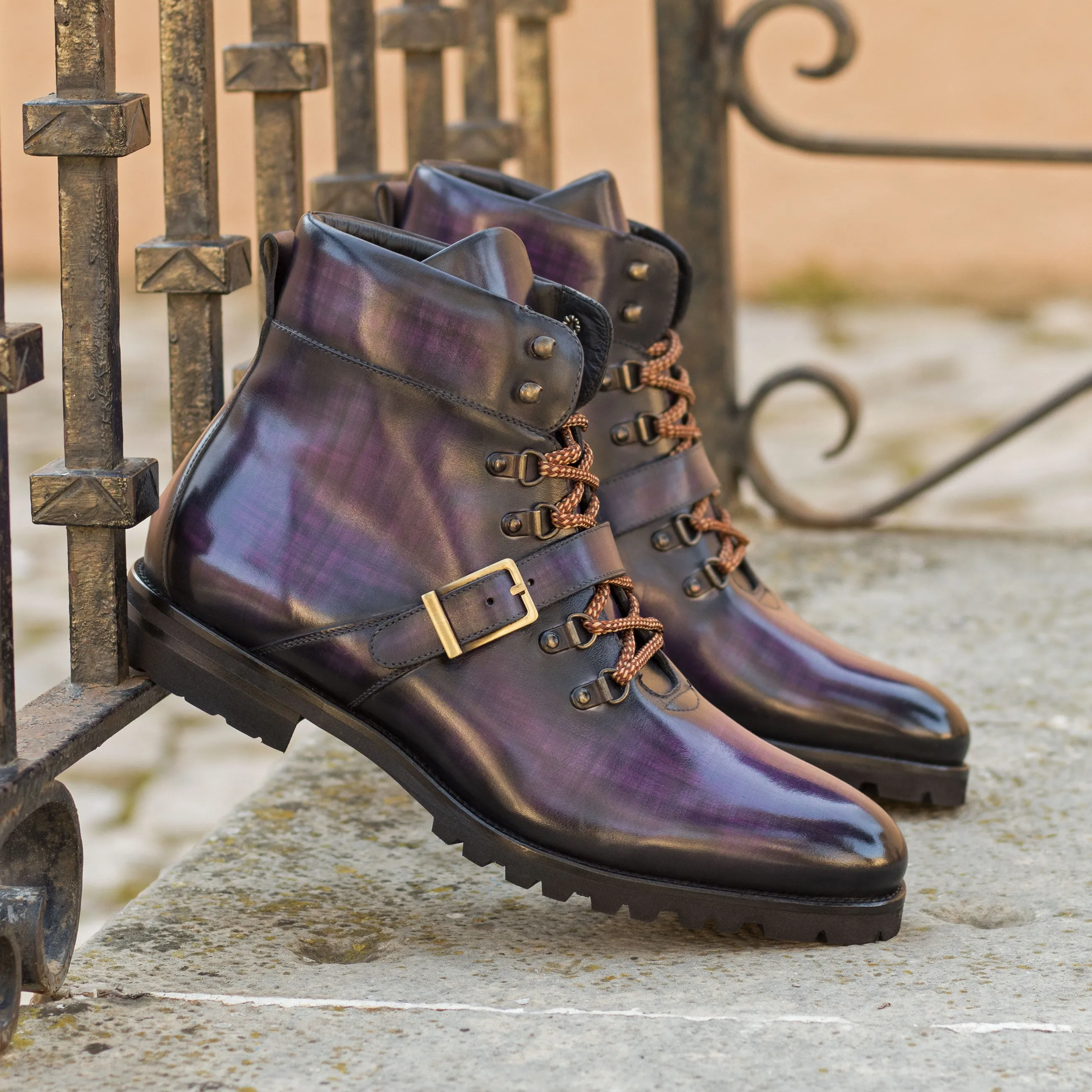 DapperFam Everest in Purple Men's Hand-Painted Patina Hiking Boot