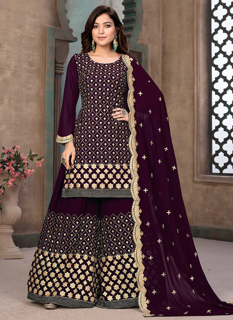 Deep Wine Gotta Patti Embroidered Gharara Suit