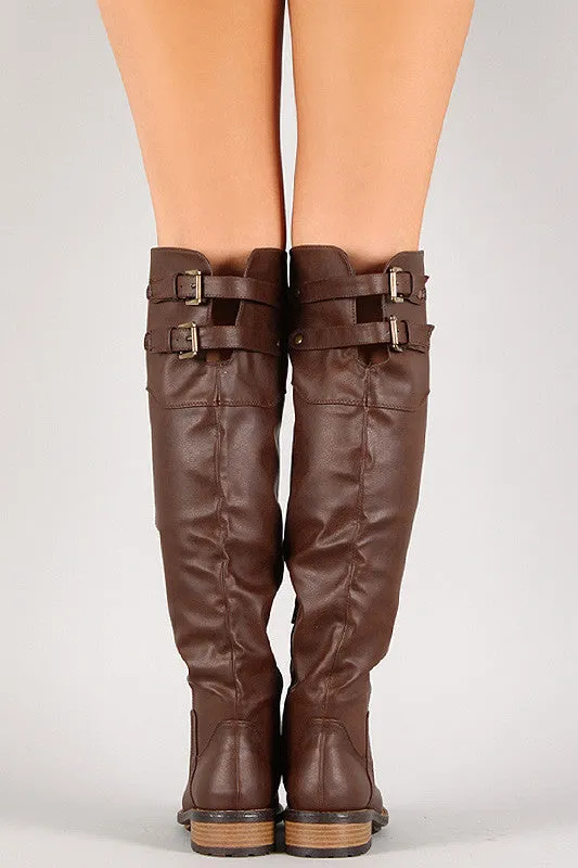 Distressed Buckle Round Toe Riding Knee High Boot