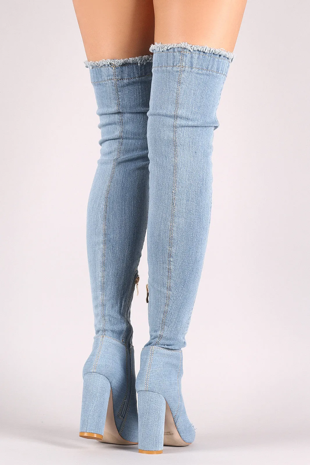 Distressed Denim Peep Toe Over-The-Knee Boots