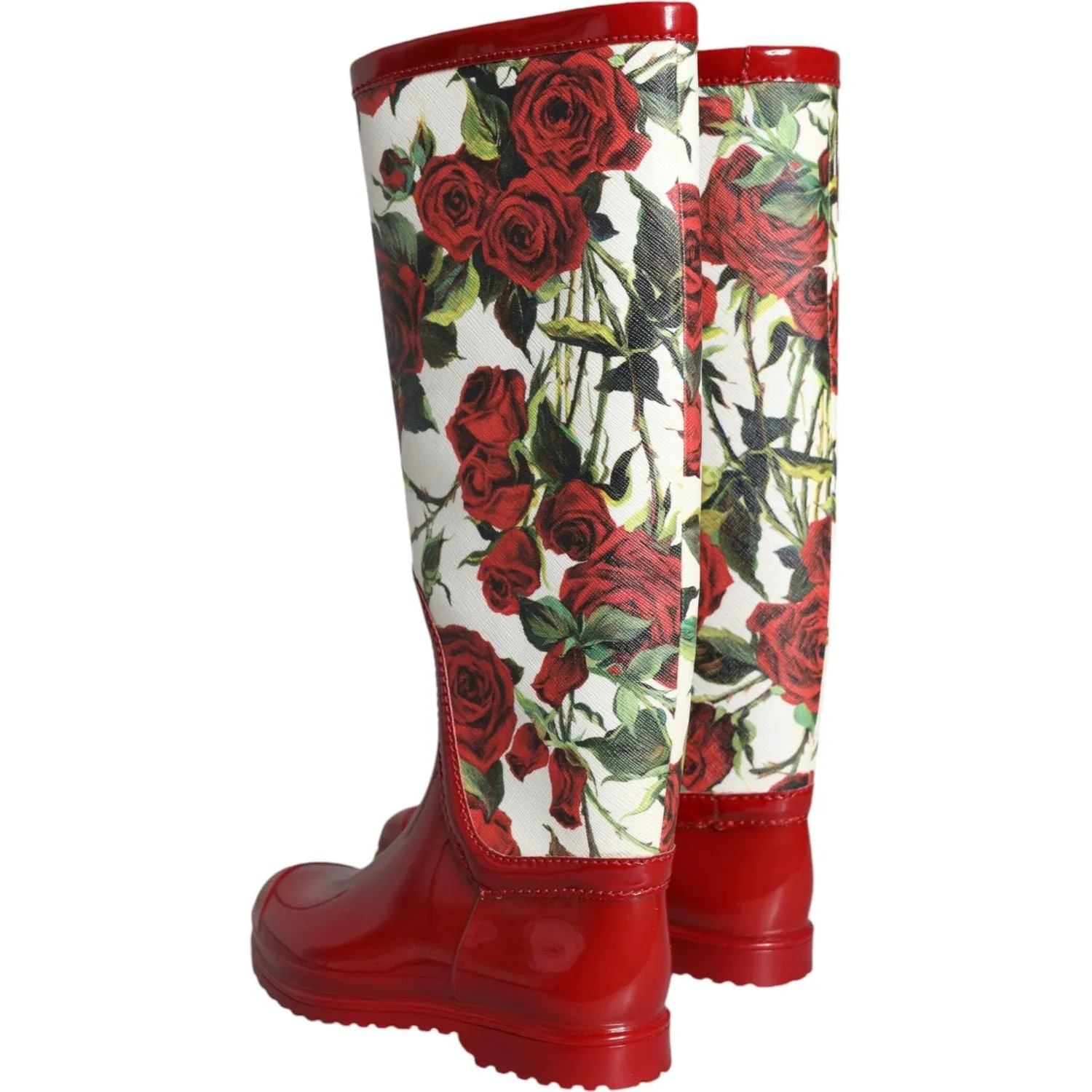 Dolce & Gabbana Red Floral Rubber Knee High Flat Boots Shoes