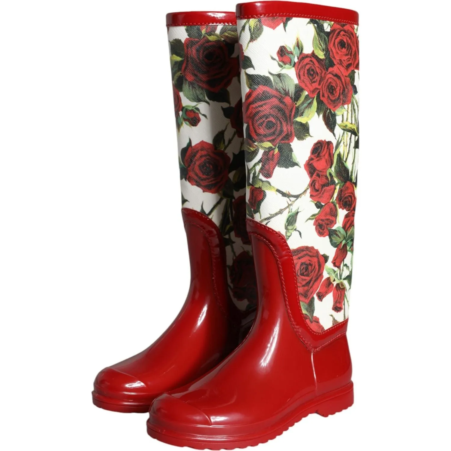 Dolce & Gabbana Red Floral Rubber Knee High Flat Boots Shoes