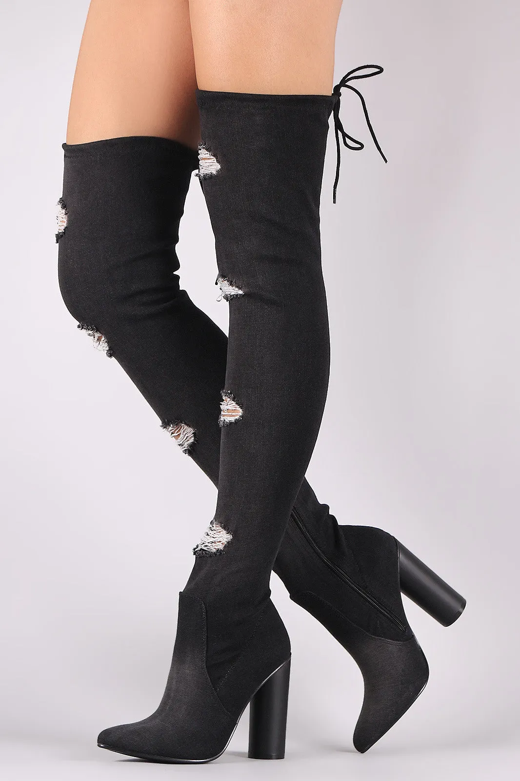 Drawstring-Tie Cylindrical Heeled OTK Fitted Denim Boots