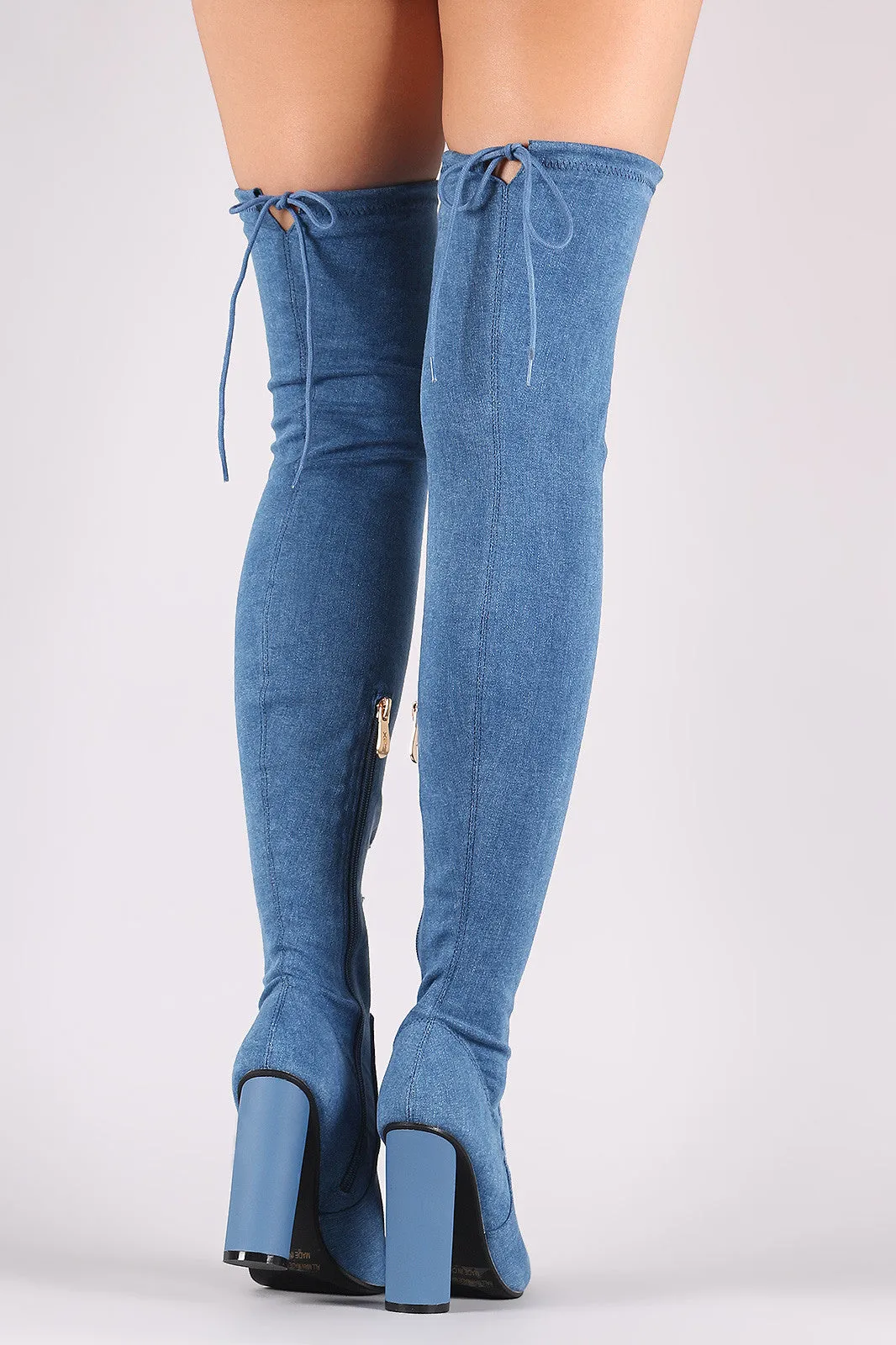 Drawstring-Tie Cylindrical Heeled OTK Fitted Denim Boots