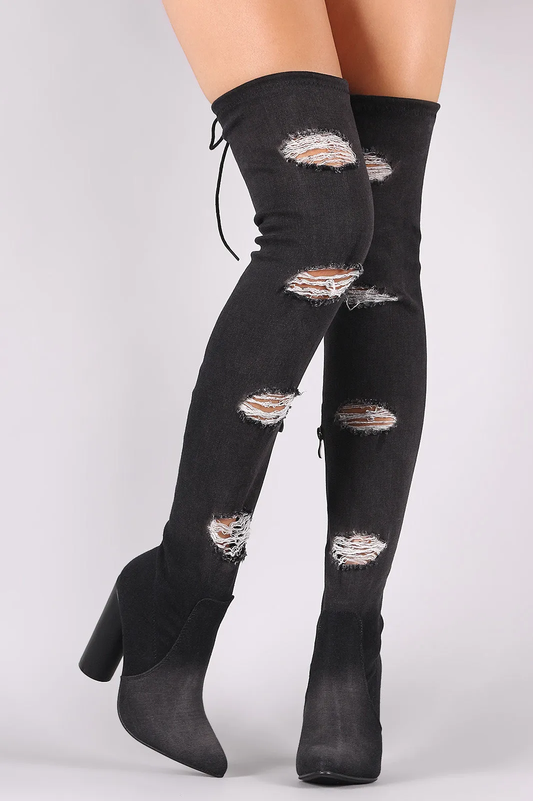 Drawstring-Tie Cylindrical Heeled OTK Fitted Denim Boots