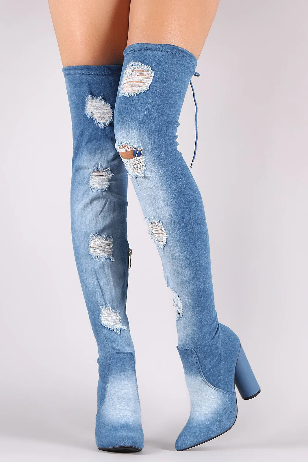 Drawstring-Tie Cylindrical Heeled OTK Fitted Denim Boots